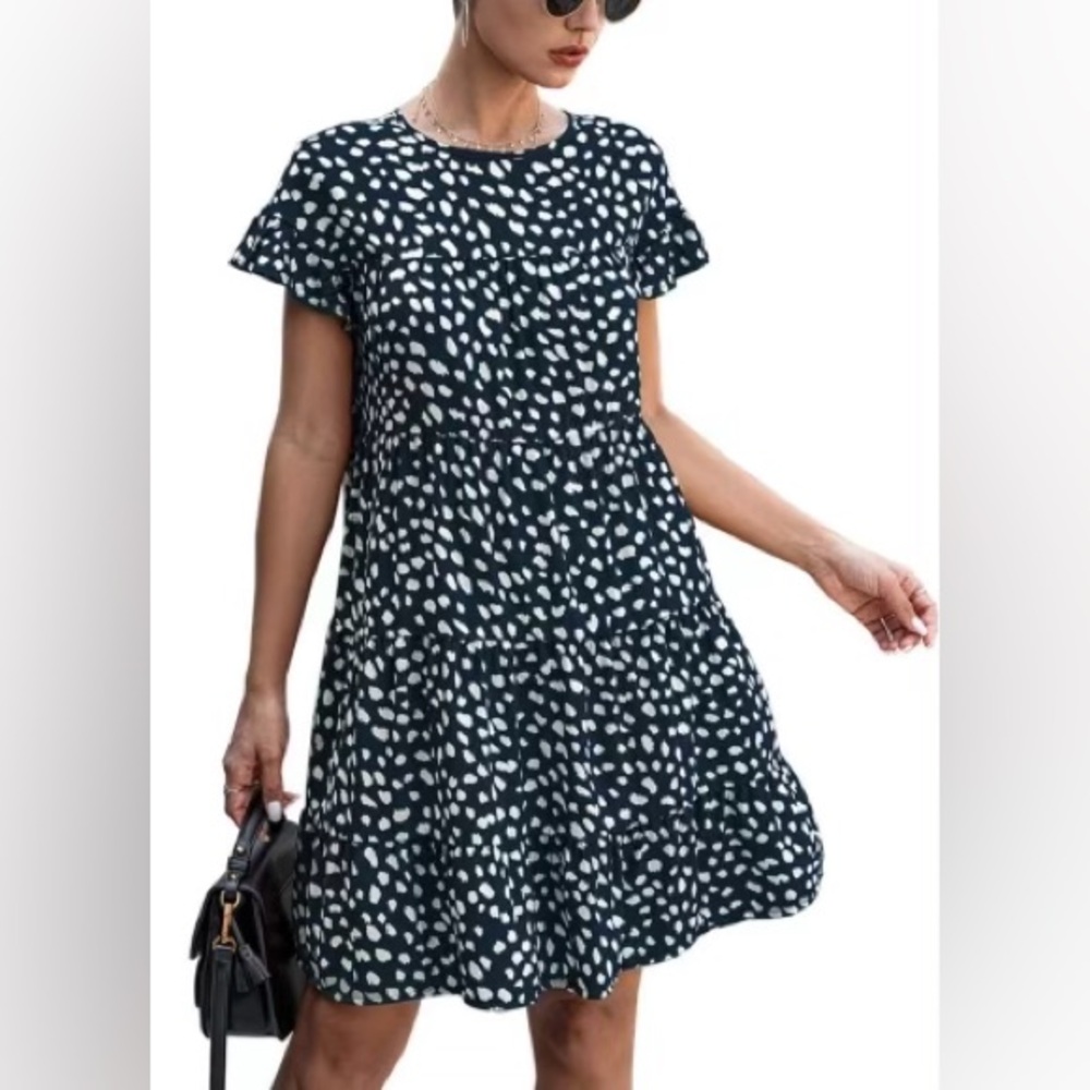 2/$30 NWT KIRUNDO Navy Blue & White Ruffled Pullover Dress Size M #1121